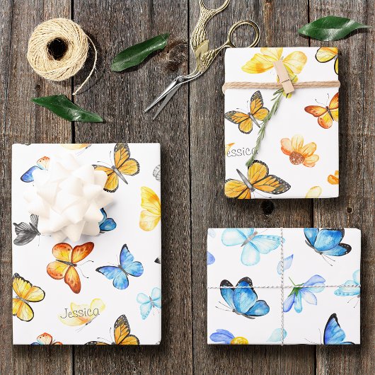 Feuille De Papier Cadeau Beau Motif papillon avec nom Anniversaire