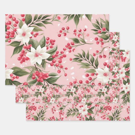Feuille De Papier Cadeau Beau Shabby Chic rose Noël Berry Floral (Lot)