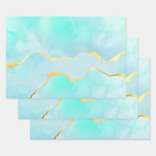 Feuille De Papier Cadeau Beau Tropical Vert Bleu avec bordure or