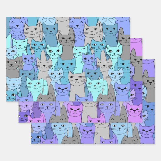 Feuille De Papier Cadeau Beaucoup de chats bleus et violets (Lot)