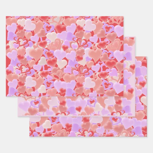 Feuille De Papier Cadeau Beaucoup de coeurs en optique 3D. (Lot)