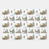 Feuille De Papier Cadeau Beaux Animaux D'Hiver Autour D'Un Cabine Rustique (Devant)