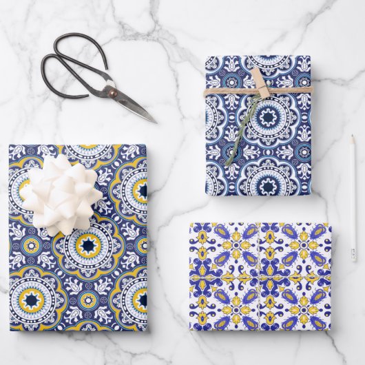 Feuille De Papier Cadeau 💗 Beaux Azulejos bleus et jaunes, (Recto)