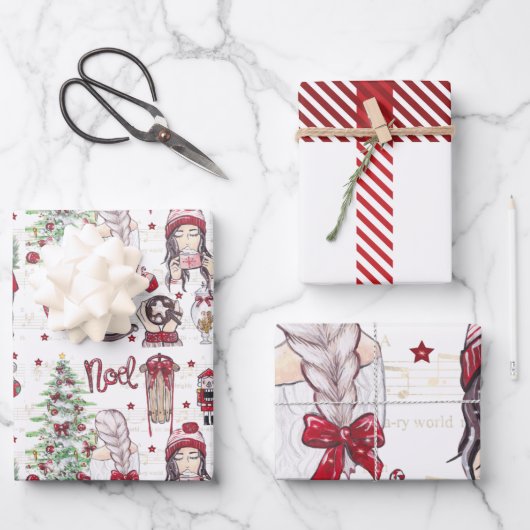 Feuille De Papier Cadeau Beaux éléments de Noël en Aquarelle Rouge (Recto)