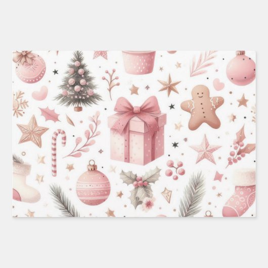 Feuille De Papier Cadeau Beaux modèles de Noël Pastel Rose (Devant 3)