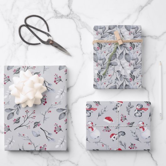 Feuille De Papier Cadeau Beaux modèles de Noël rouge et gris sur gris (Recto)