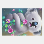 Feuille De Papier Cadeau Bébé adorable Ours Koala avec fleurs (Devant)