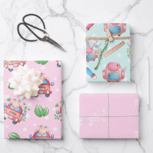 Feuille De Papier Cadeau Bébé Animaux rose pour fille (Recto)