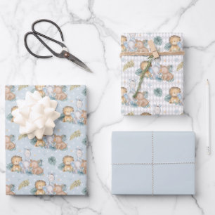 Feuille De Papier Cadeau Bébé bleu éléphant Rhino Lion
