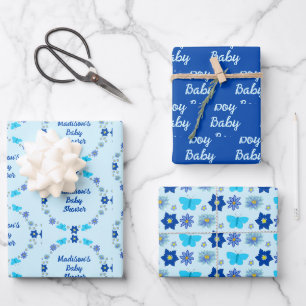 Feuille De Papier Cadeau Bébé bleu Papillons et Baby shower de fleurs