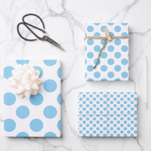 Feuille De Papier Cadeau Bébé Bleu sur blanc Différentes tailles Pois (Recto)