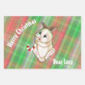 Feuille De Papier Cadeau Bébé de Noël Lapin Vert Rouge Tissu Plaid (Devant)