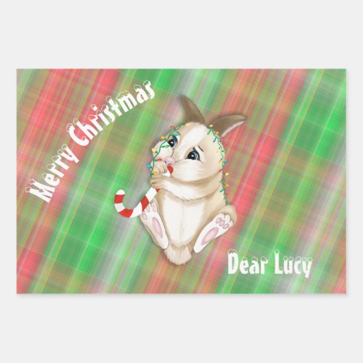 Feuille De Papier Cadeau Bébé de Noël Lapin Vert Rouge Tissu Plaid (Devant)