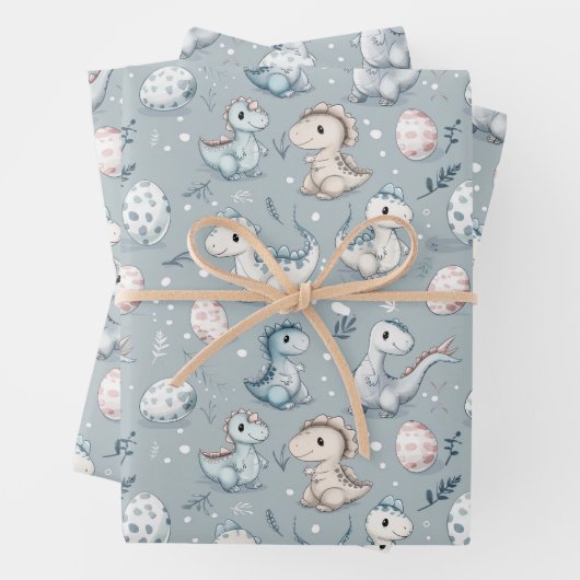 Feuille De Papier Cadeau Bébé dinosaures sur bleu (En situation)