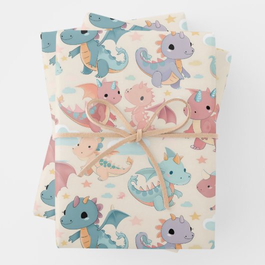 Feuille De Papier Cadeau Bébé dragons volants (En situation)