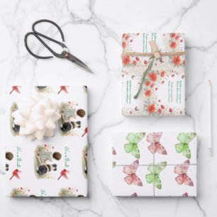 Feuille De Papier Cadeau Bébé fille, chiot, papillons et fleurs sauvages
