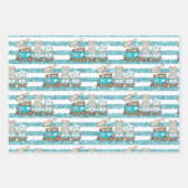 FEUILLE DE PAPIER CADEAU BÉBÉ GARÇON BLUE TRAINS BLOCS VOITURES ÉTOILES (Devant)