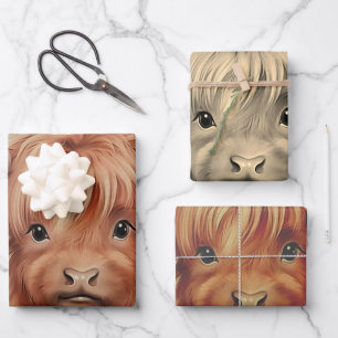 Feuille De Papier Cadeau Bébé mignon Vache Highland Coeurs Saint-Valentin 2