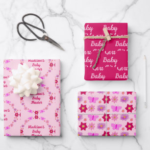 Feuille De Papier Cadeau Bébé rose Baby shower papillons et fleurs