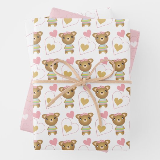 Feuille De Papier Cadeau Bébé rose mignon ours fille (En situation)