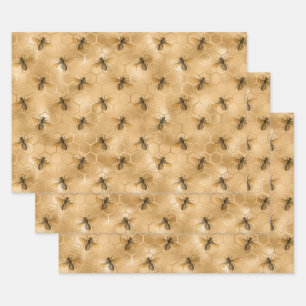 Feuille De Papier Cadeau Bees et Gold Honeycomb