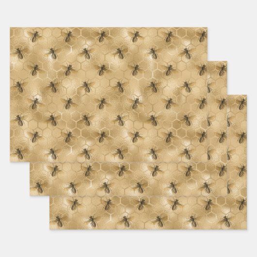 Feuille De Papier Cadeau Bees et Gold Honeycomb (Lot)