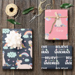 Feuille De Papier Cadeau Believe in Unicorns Blue and Pink Girl Pattern Kid<br><div class="desc">Add a magical touch to the birthday party of your little girl with this adorable custom blue and pink unicorn pattern wrapping paper sheet set. Gift wrap has rainbows, clouds, birds, and unicorns. Text says Believe in Unicorns and there's a place for the first name of your little kid. Wrapping...</div>