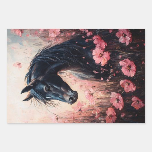 Feuille De Papier Cadeau Belle Cheval Blush Fleurs sauvages Rose Découpage (Devant)