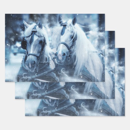 Feuille De Papier Cadeau Belle équipe de chevaux Photo d'hiver (Lot)