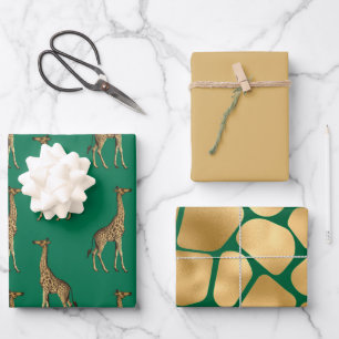 Feuille De Papier Cadeau Belle Giraffe verte et Tan