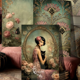 Feuille De Papier Cadeau Belle Noir Flapper Chat Noir Art Déco Roses