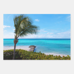 Feuille De Papier Cadeau Belle plage tropicale aux palmiers venteux