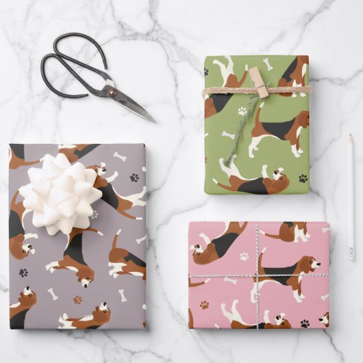 Feuille De Papier Cadeau Belles pattes et os Beagle Gris Vert rose (Recto)