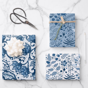 Feuille De Papier Cadeau Belles tendances florales classiques bleues et bla