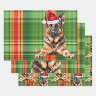 Feuille De Papier Cadeau Berger Allemand Noël Chien Rouge Fête à Carreaux