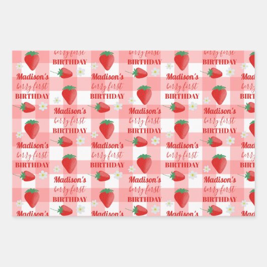 Feuille De Papier Cadeau Berry First Birthday Strawberry First 1er Nom (Devant 3)