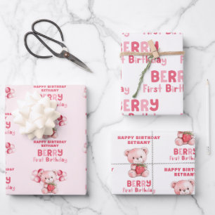 Feuille De Papier Cadeau Berry Premier Joyeux Anniversaire Nom fraise
