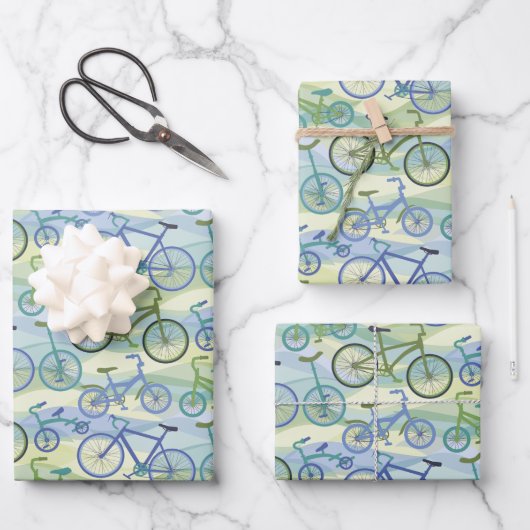 Feuille De Papier Cadeau Bicyclettes Bleu Vert (Recto)