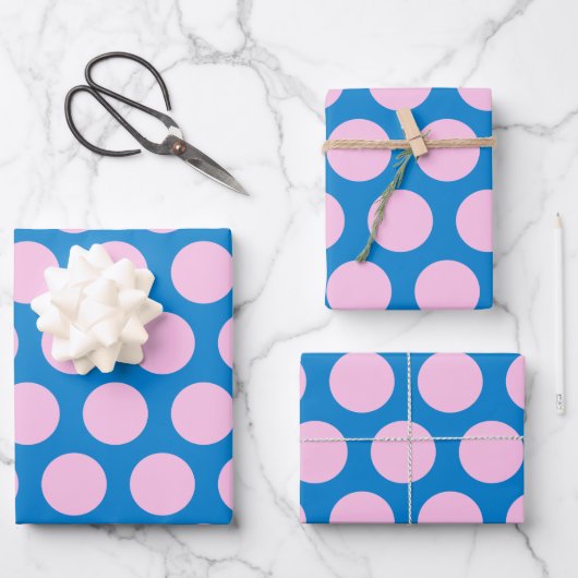 Feuille De Papier Cadeau Big Polka Motif bleu et rose (Recto)
