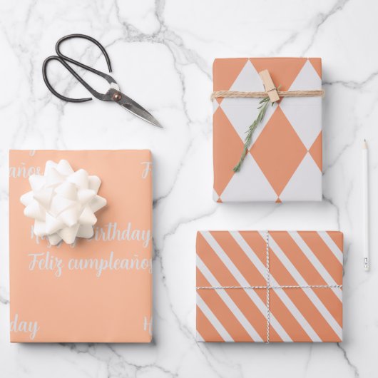 Feuille De Papier Cadeau Bilingue Peach Feliz Cumpleaños - Joyeux anniversa (Recto)