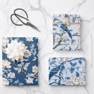 Feuille De Papier Cadeau Bird Floral Chinoiserie Bleu Blanc