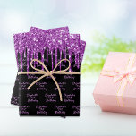 Feuille De Papier Cadeau Birthday black purple glitter drips name glam<br><div class="desc">Elegant,  classic,  glamorous and feminine style party wrapping paper for a 21st (or any age) birthday party. A chic black background decorated with purple faux glitter drips,  paint dripping look.  Personalize and add a name and age 21. Purple colored hand lettered style script.</div>