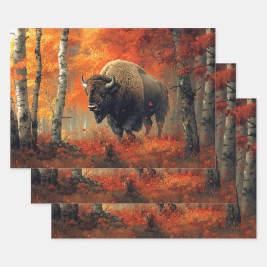 Feuille De Papier Cadeau Bison dans l'artisanat boisé d'automne (Lot)