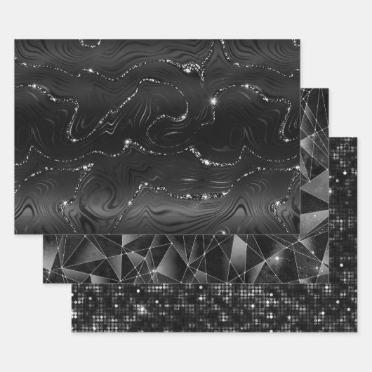 Feuille De Papier Cadeau Black and Silver Glitter Geometric Patterns (Lot)