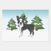 Feuille De Papier Cadeau Black Boston Terrier Dans Une Forêt D'Hiver (Devant 3)