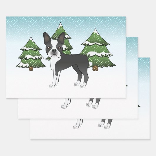 Feuille De Papier Cadeau Black Boston Terrier Dans Une Forêt D'Hiver (Lot)