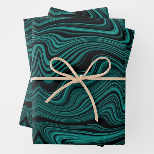 Feuille De Papier Cadeau Black & Emerald Wavy Abstraction (En situation)