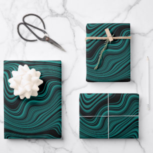 Feuille De Papier Cadeau Black & Emerald Wavy Abstraction