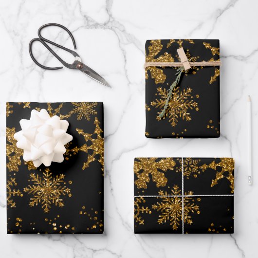 Feuille De Papier Cadeau Black & Gold Snowflakes Étoiles Joyeux Noël (Recto)