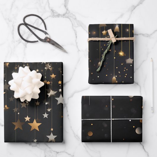 Feuille De Papier Cadeau Black Gold Stars (Recto)